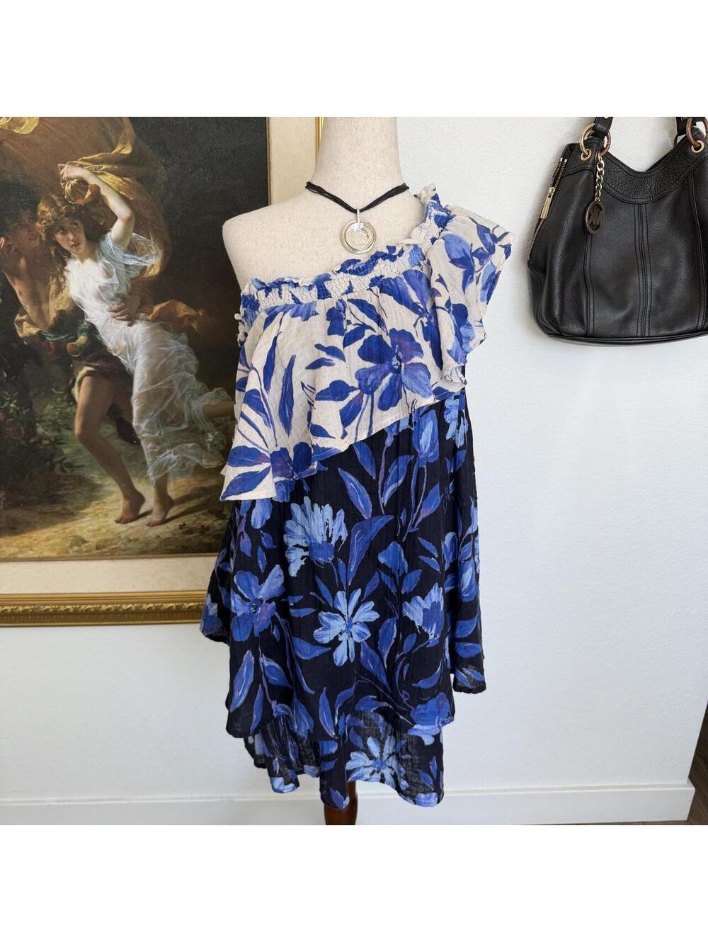 Boho Anthropologie One Shoulder Blue Floral Mini Dress